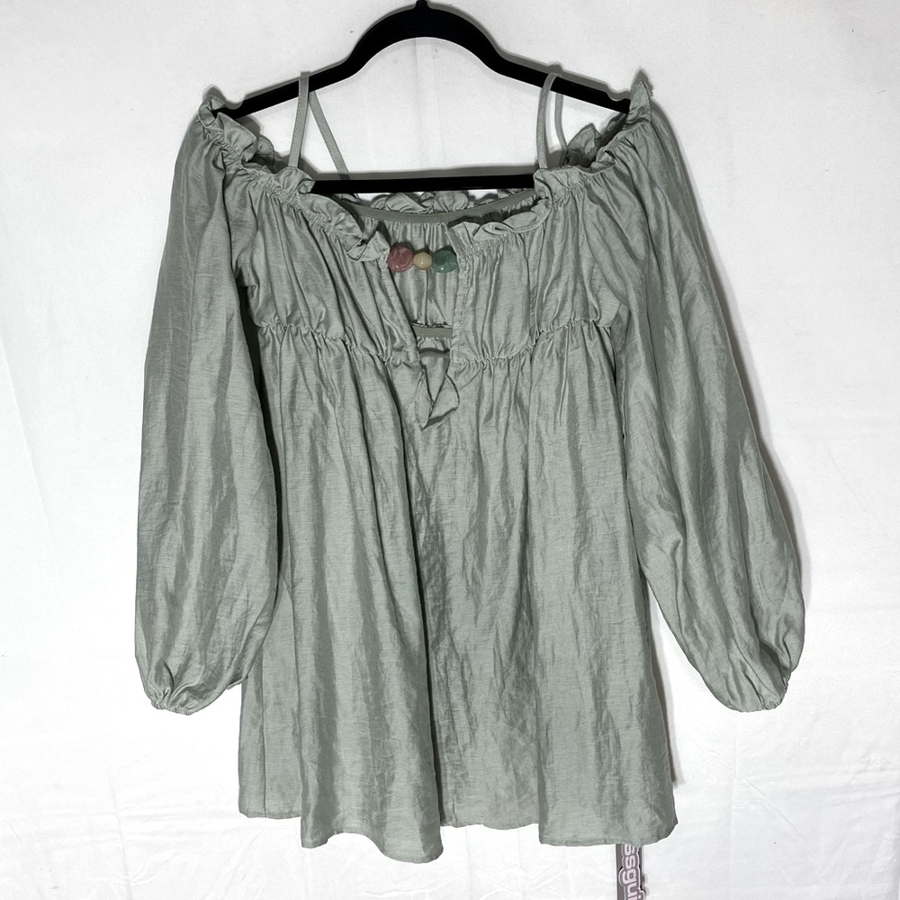 Missguided Sage Green Off Shoulder Boho Blouse W Beaded Neck Detail S NWT